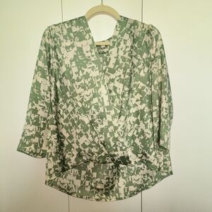 Prologue Green and White Wrap Blouse with Tie Front